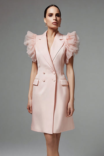 Pink Notched Lapel Ruffled Sleeve Work Dress